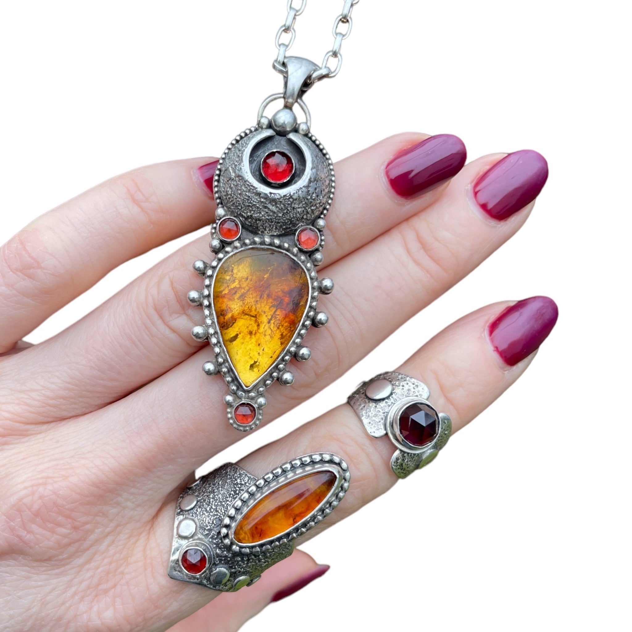 Amber Garnet Goddess Ring Size 8.5