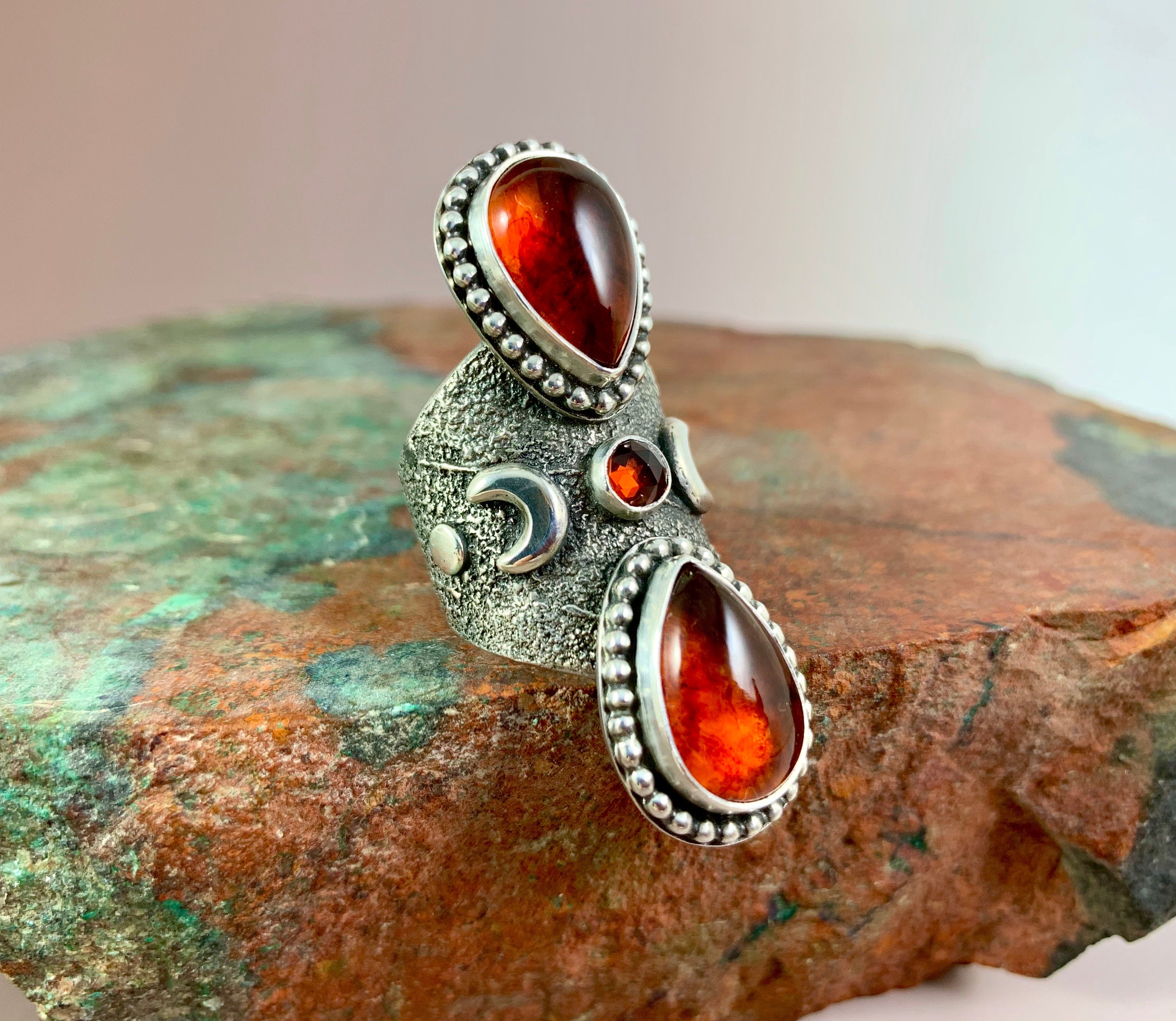 Amber Garnet Priestess Ring-Silver Raven Studio