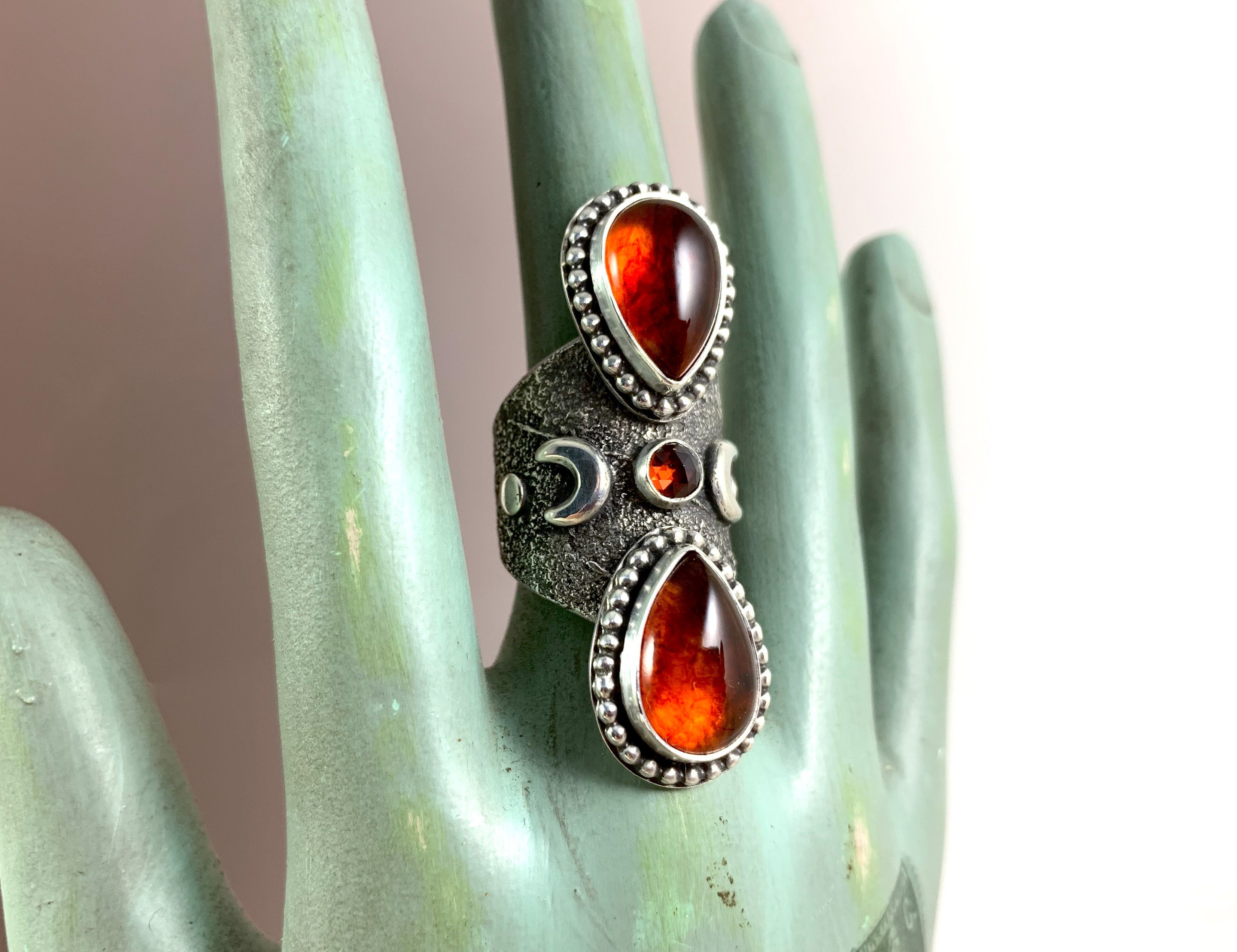 Amber Garnet Priestess Ring-Silver Raven Studio