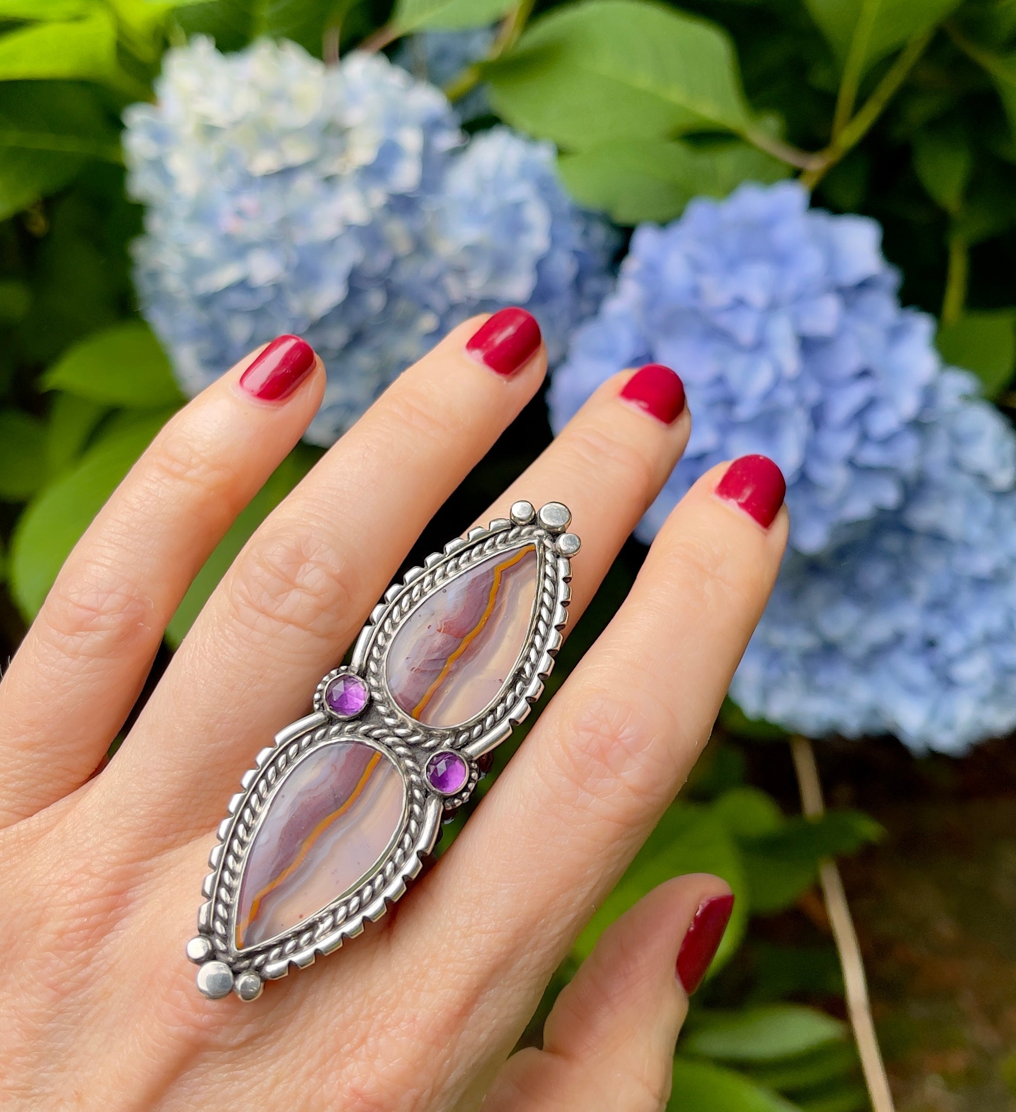 Moroccan Agate + Amethyst Statement Ring Size 8.5
