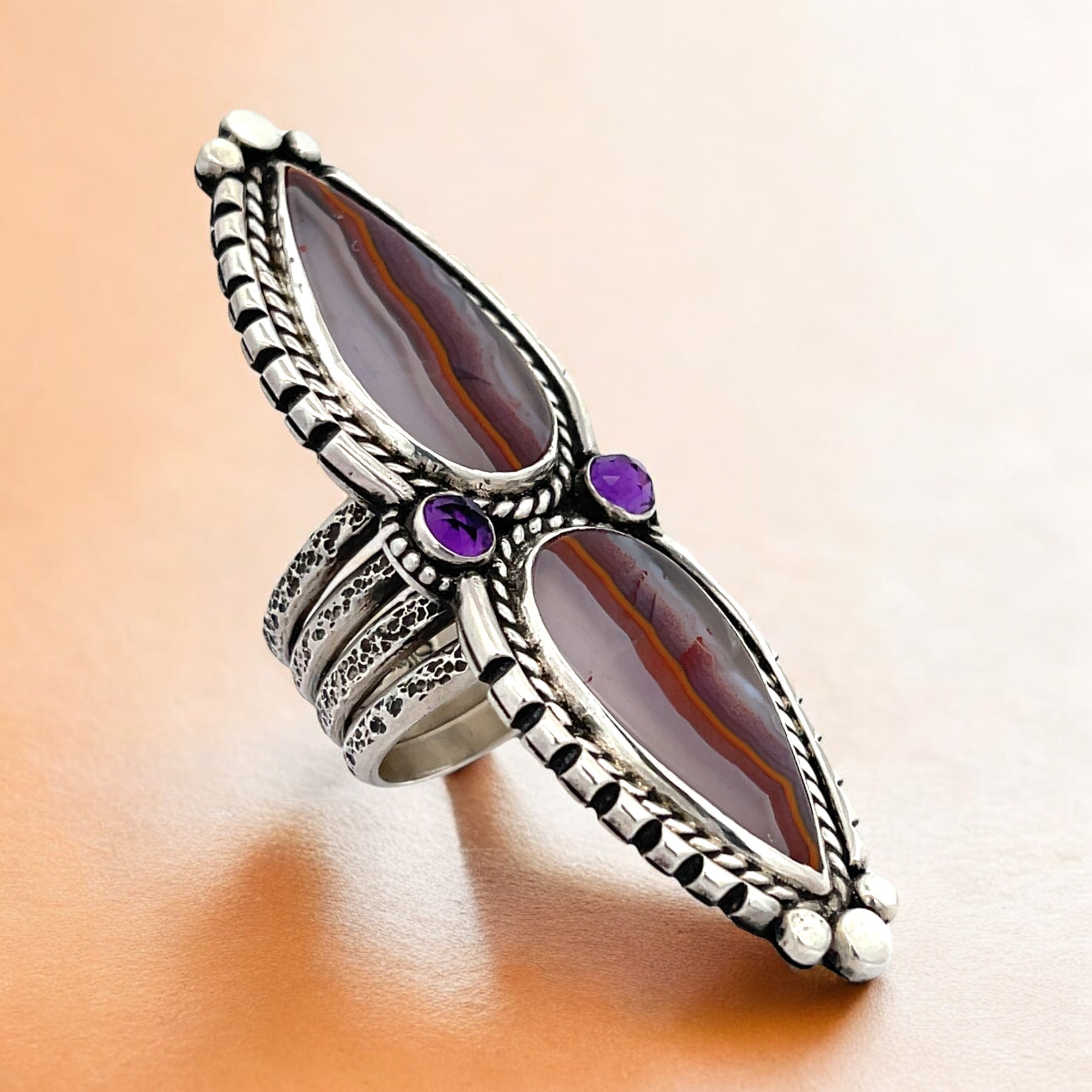 Moroccan Agate + Amethyst Statement Ring Size 8.5