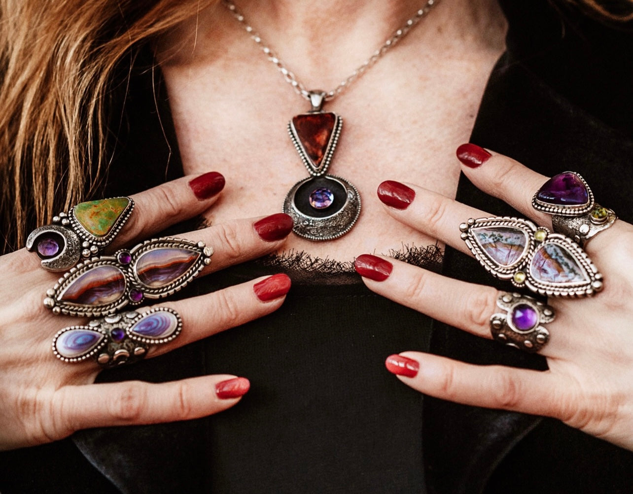 Moroccan Agate + Amethyst Statement Ring Size 8.5