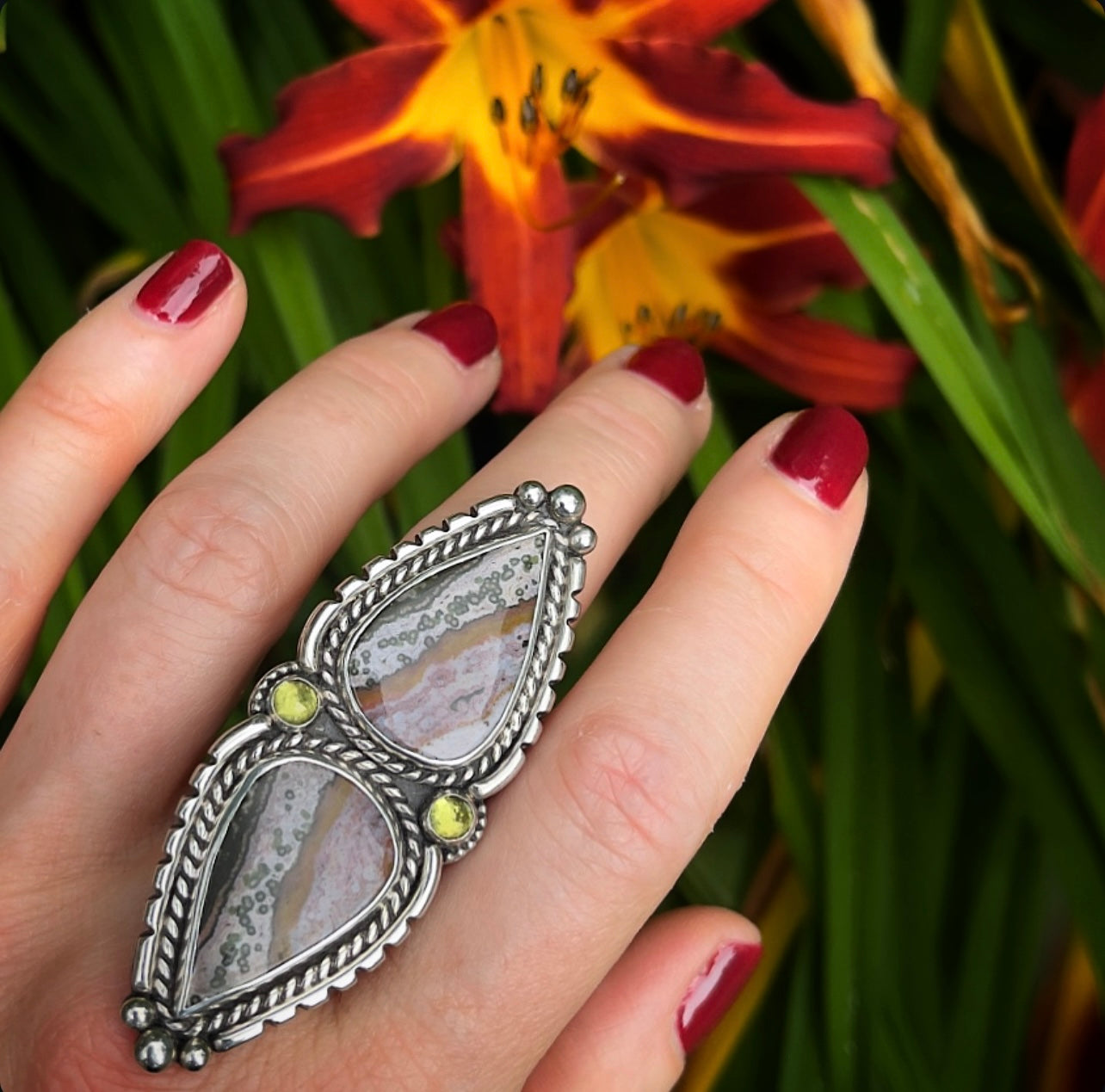 Ocean Jasper + Peridot Statement Ring Size 7.5