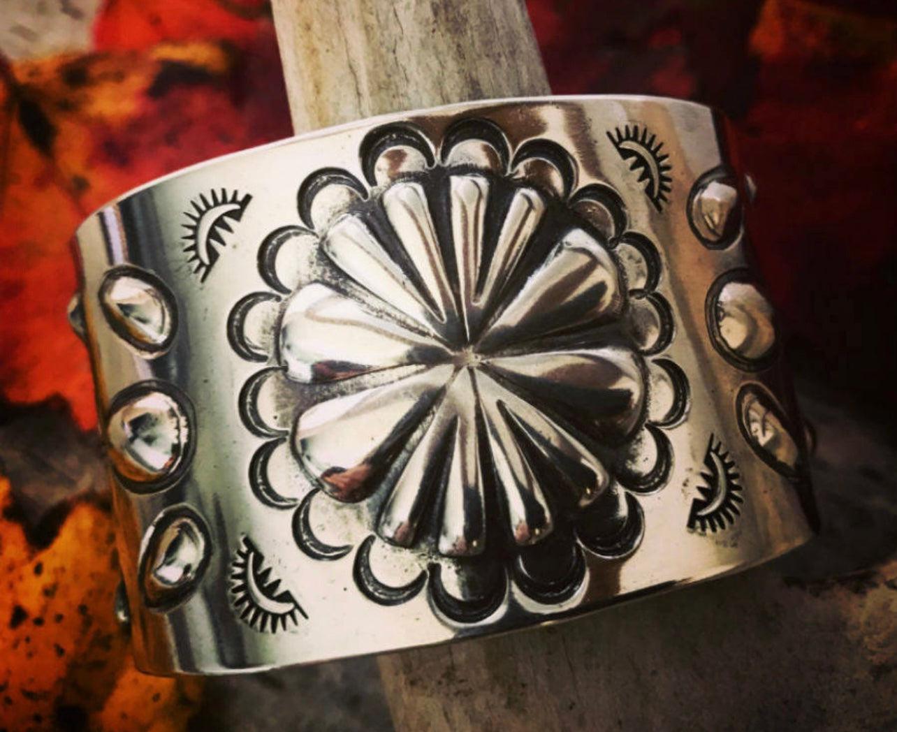 Sterling Silver Repousse Concho Cuff Bracelet