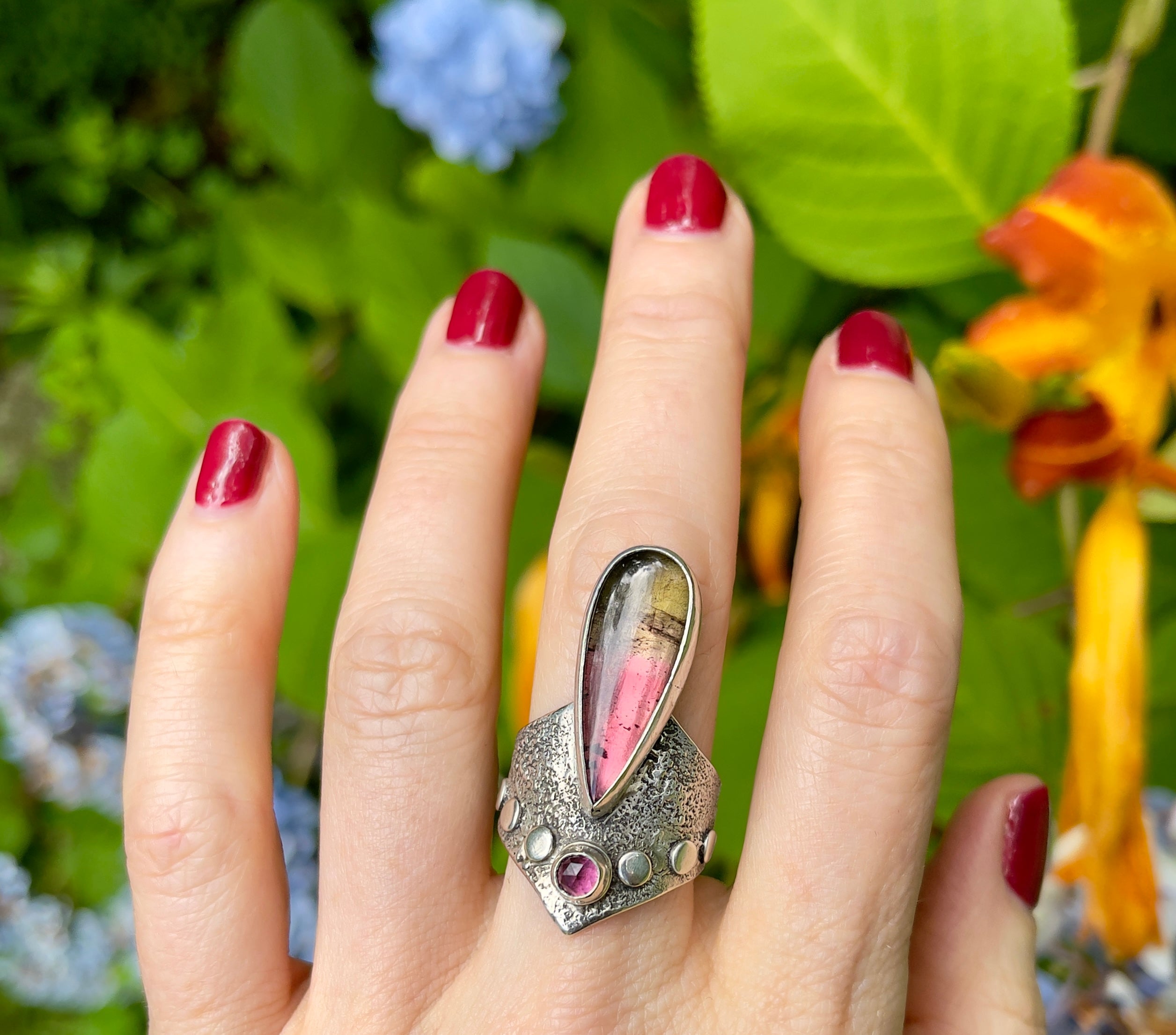 Tourmaline + Garnet Goddess Ring Size 9-9.25