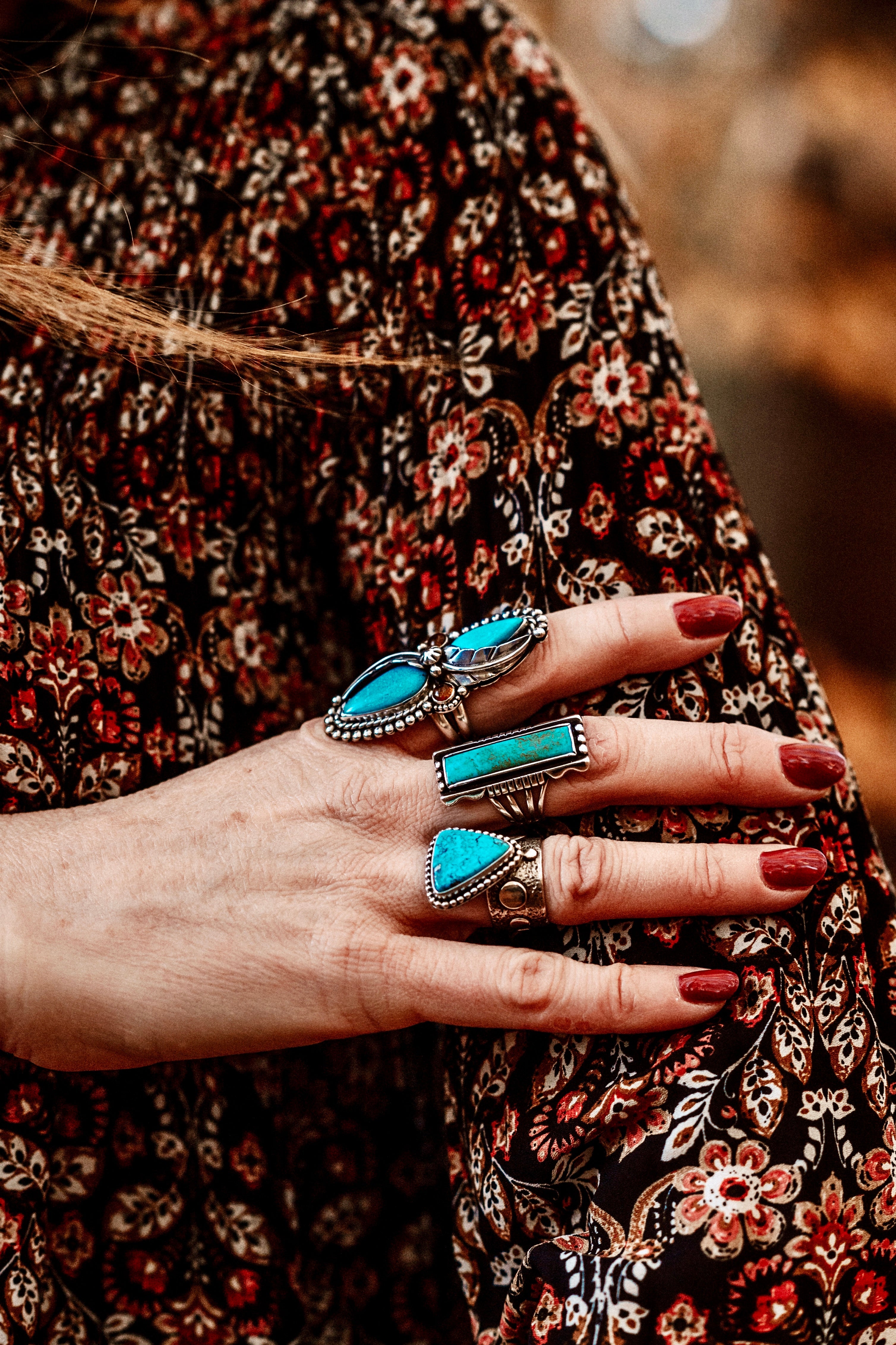 Turquoise Amber Feather Ring Size 8