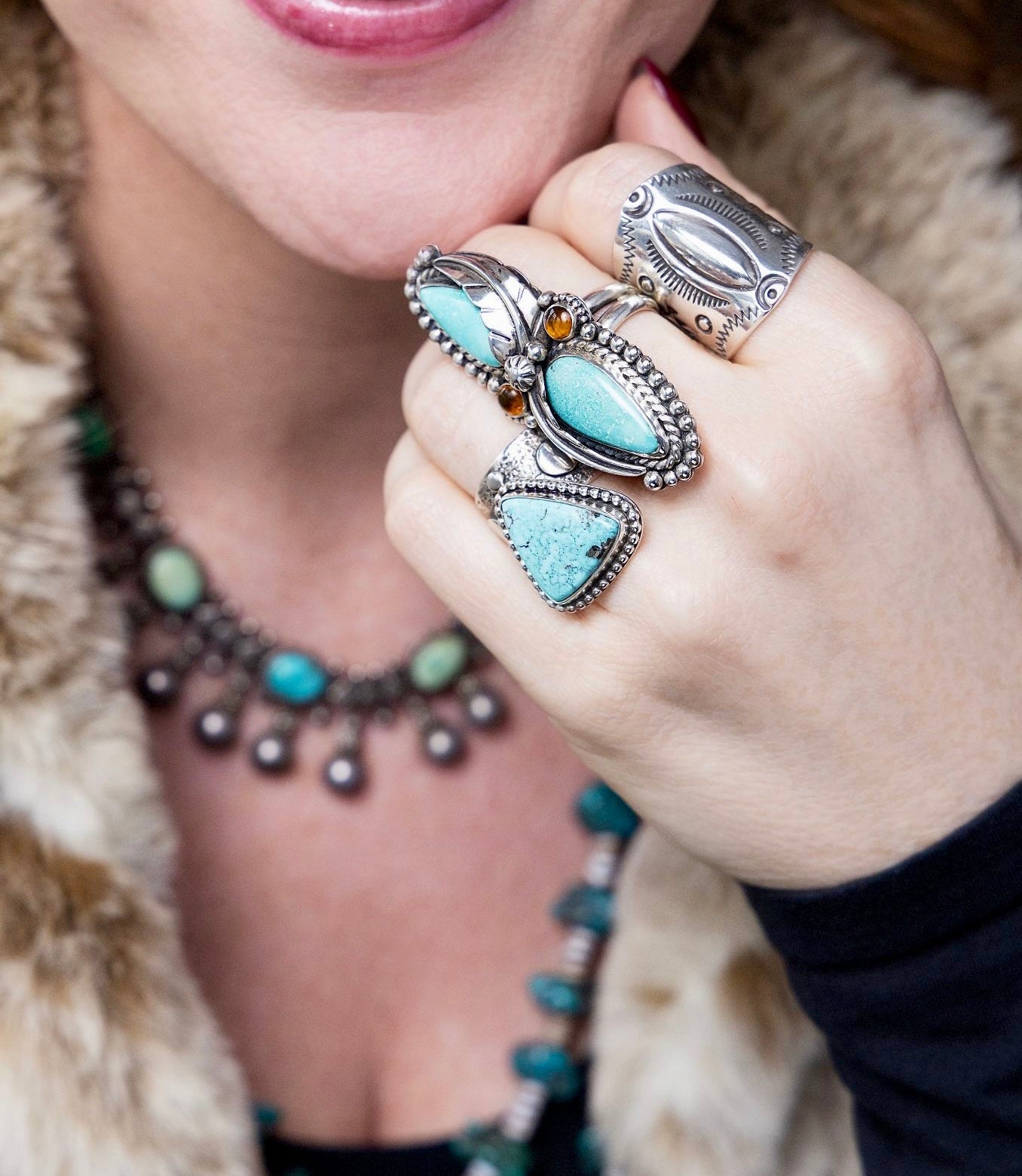 Turquoise Amber Feather Ring Size 8