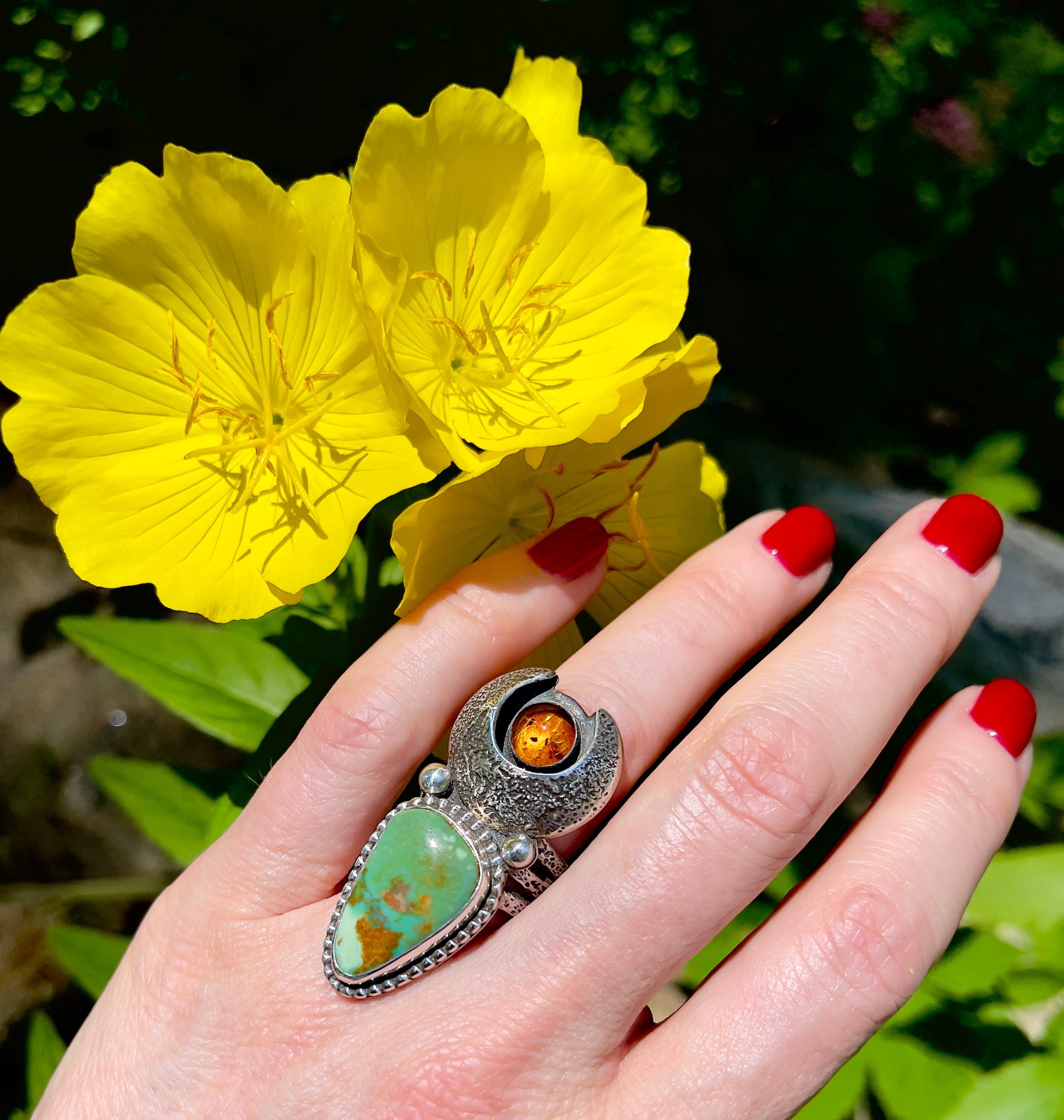 Turquoise Amber Ring Size 7