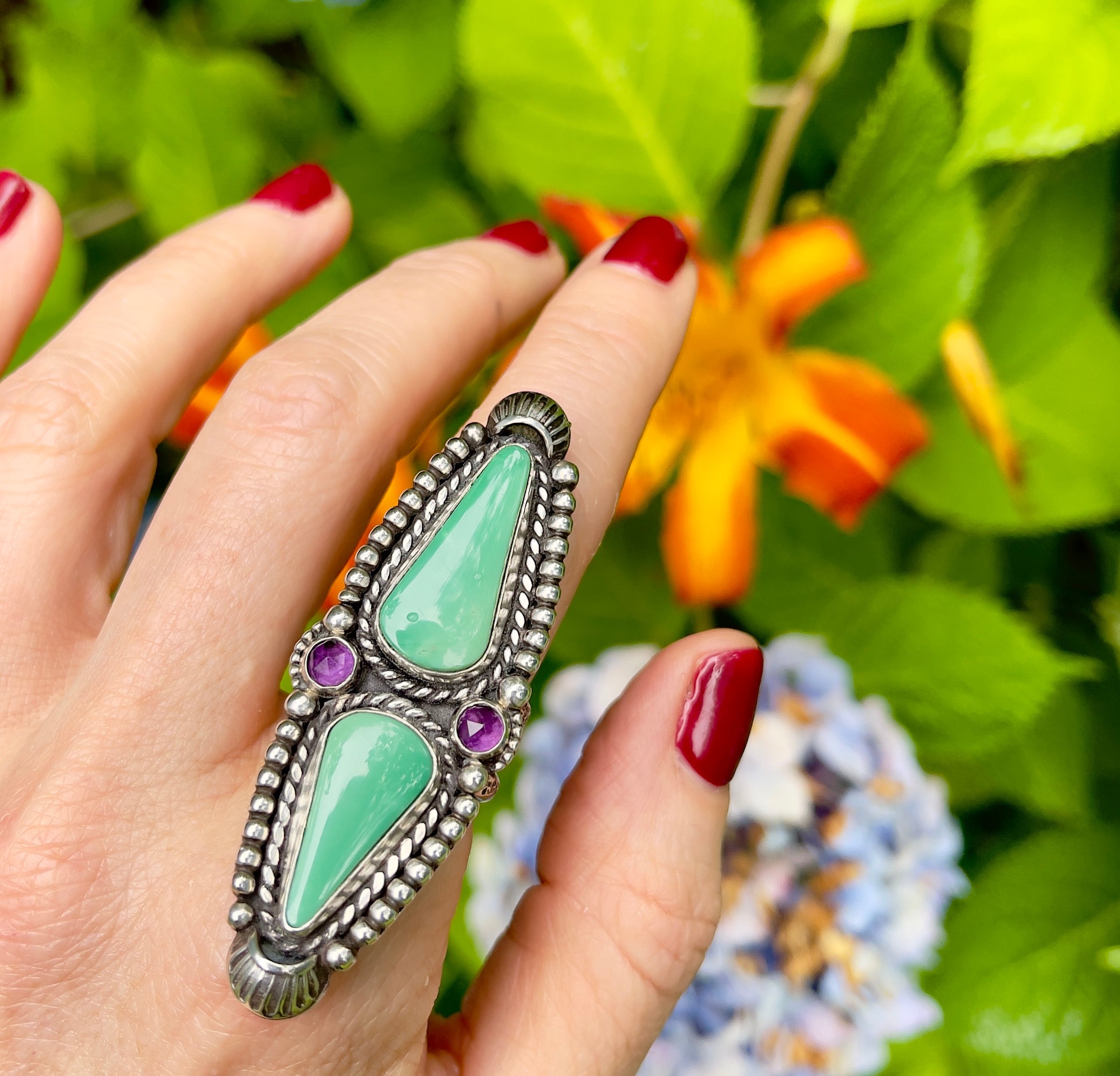 Turquoise Amethyst Statement Ring Size 7.5-7.75