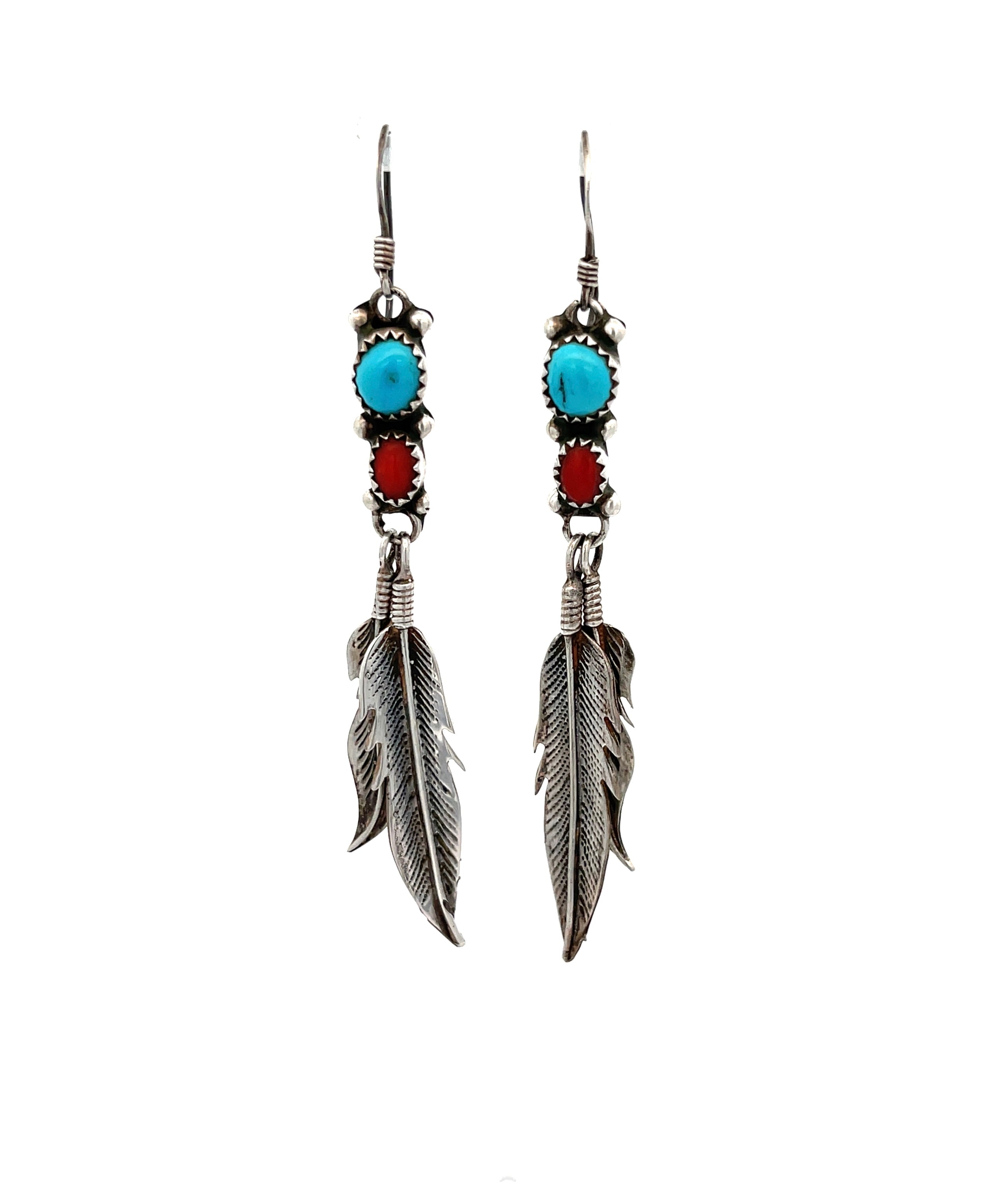 Turquoise Coral Feather Dangle Earrings