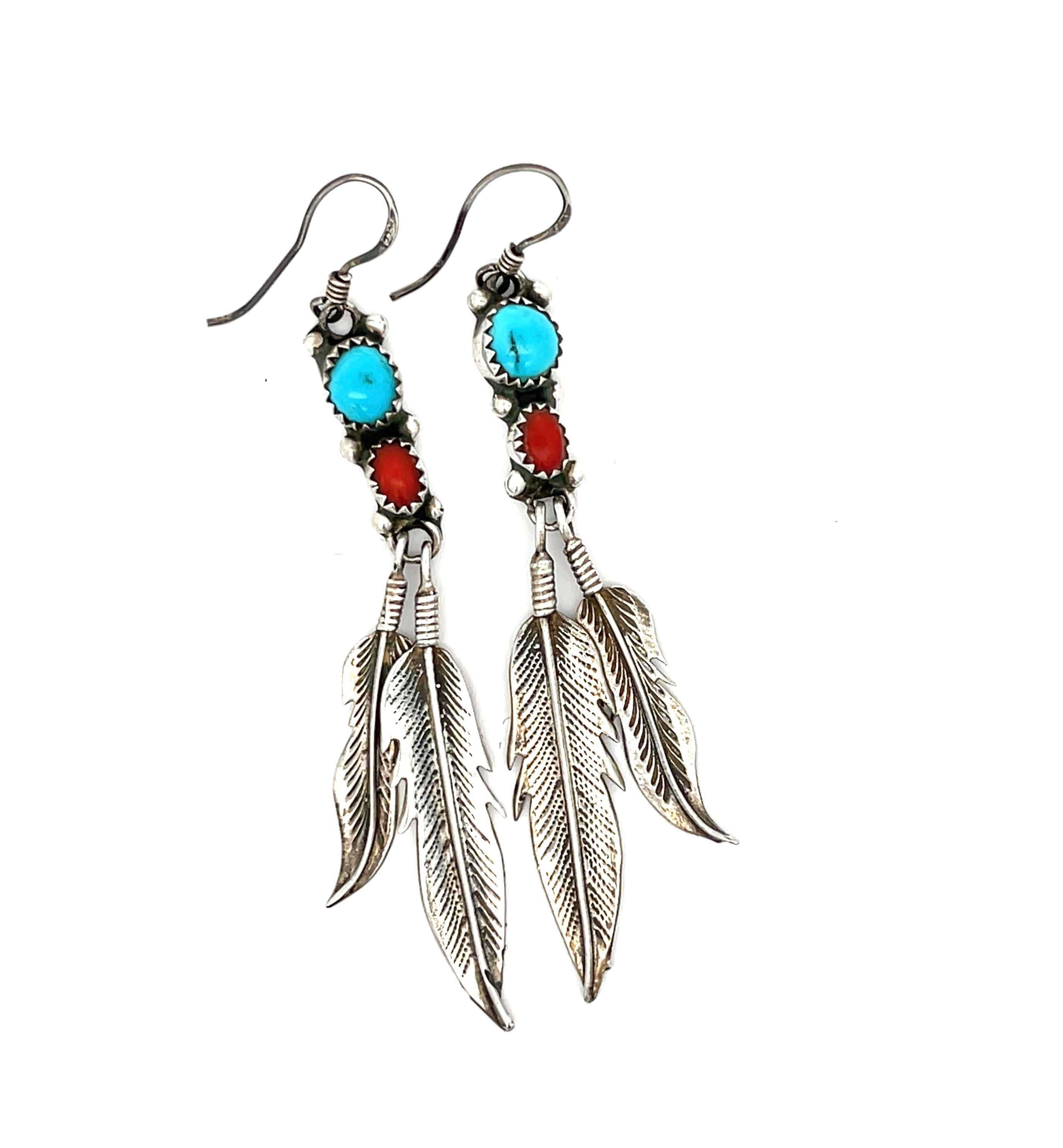 Turquoise Coral Feather Dangle Earrings