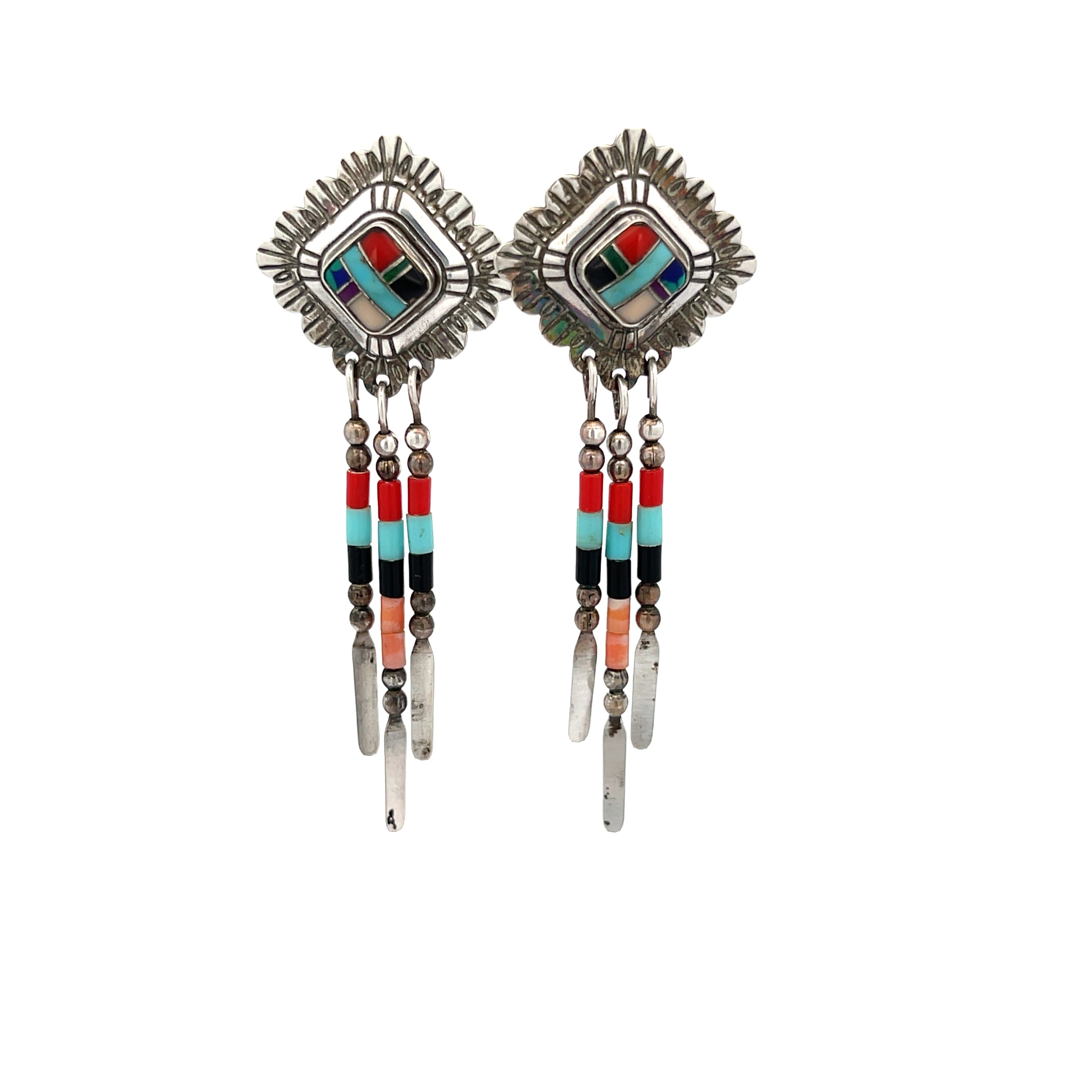 Turquoise Coral Onyx Lapis inlay Dangle Earrings