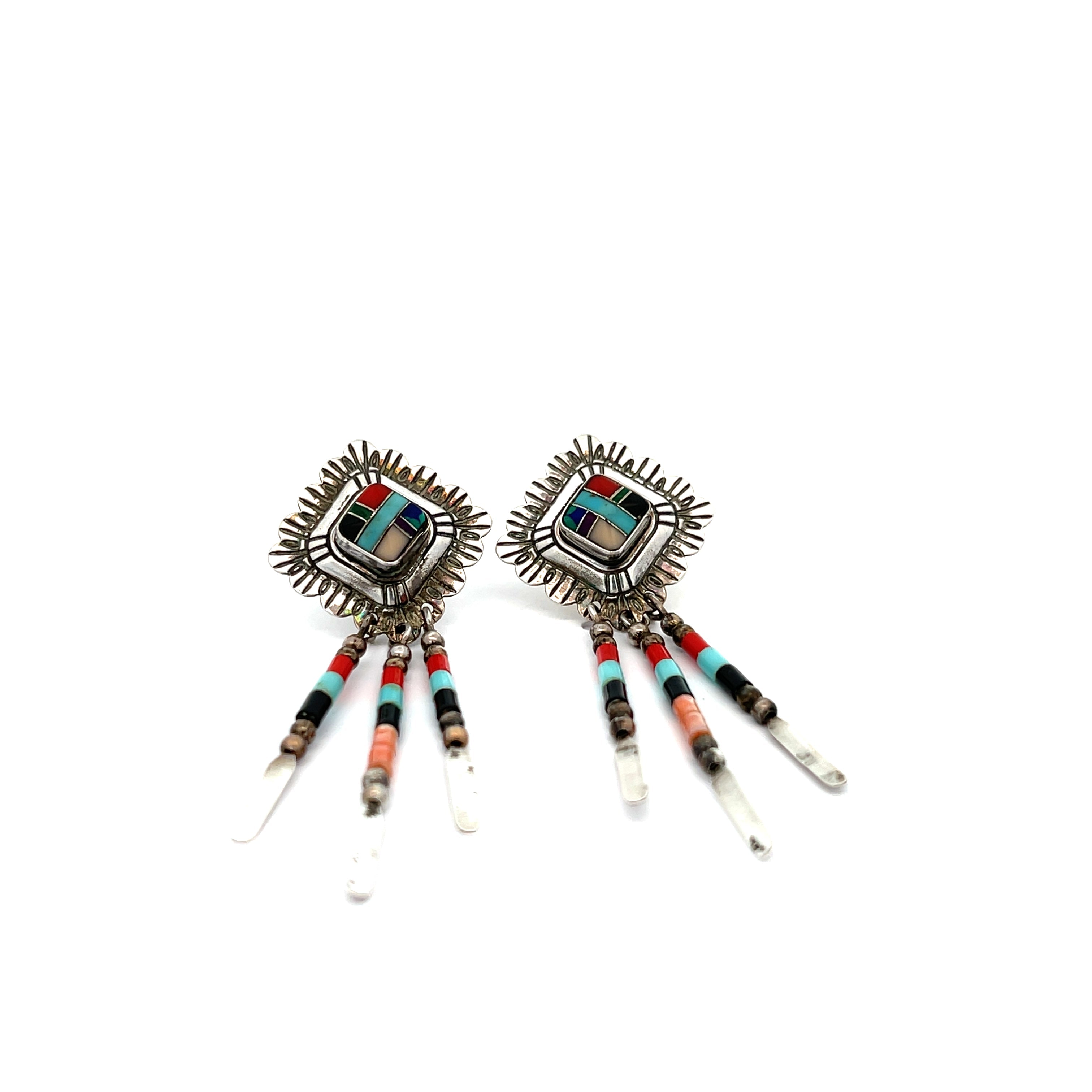 Turquoise Coral Onyx Lapis inlay Dangle Earrings