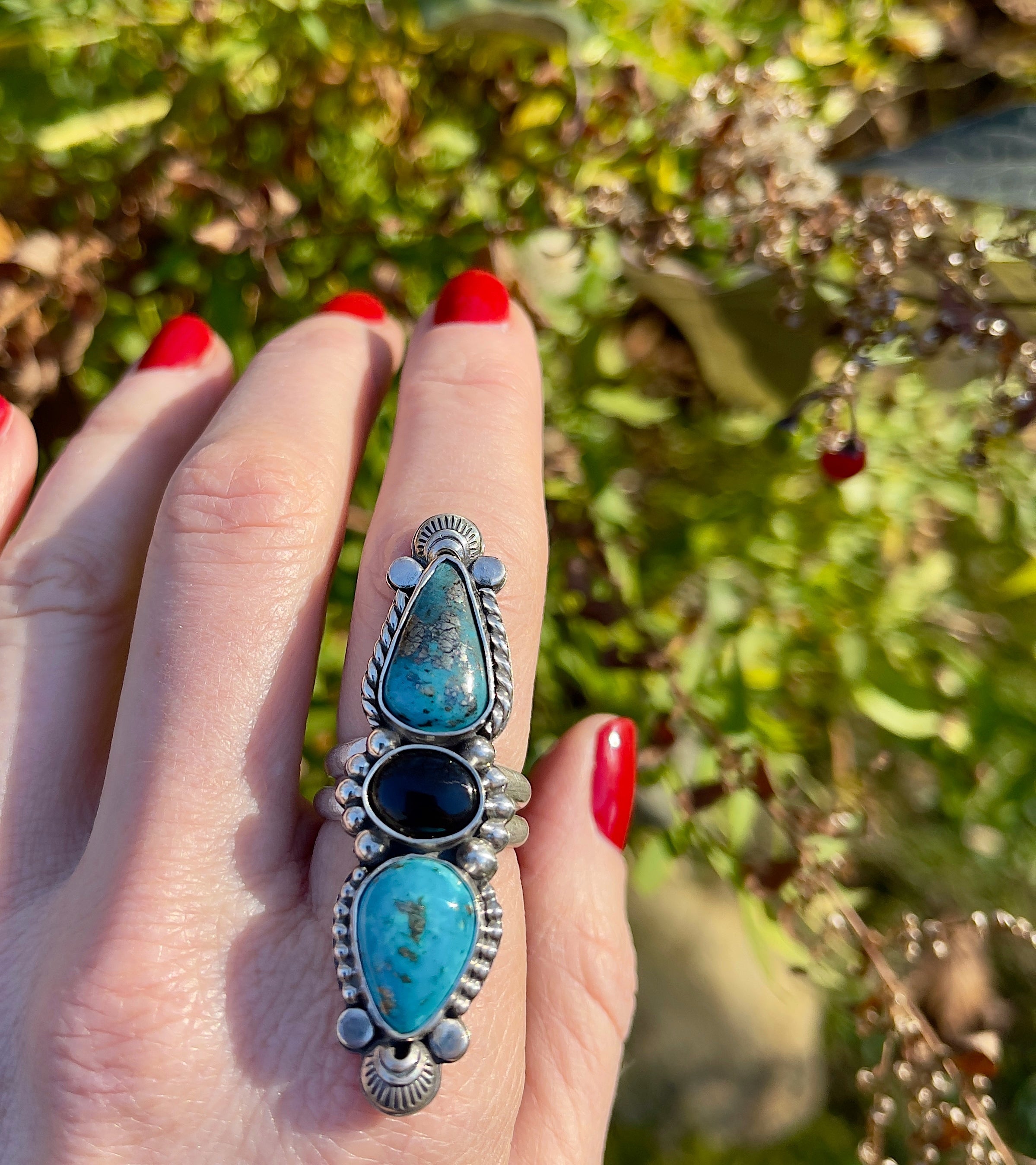 Turquoise Onyx Statement Ring Size 8.25