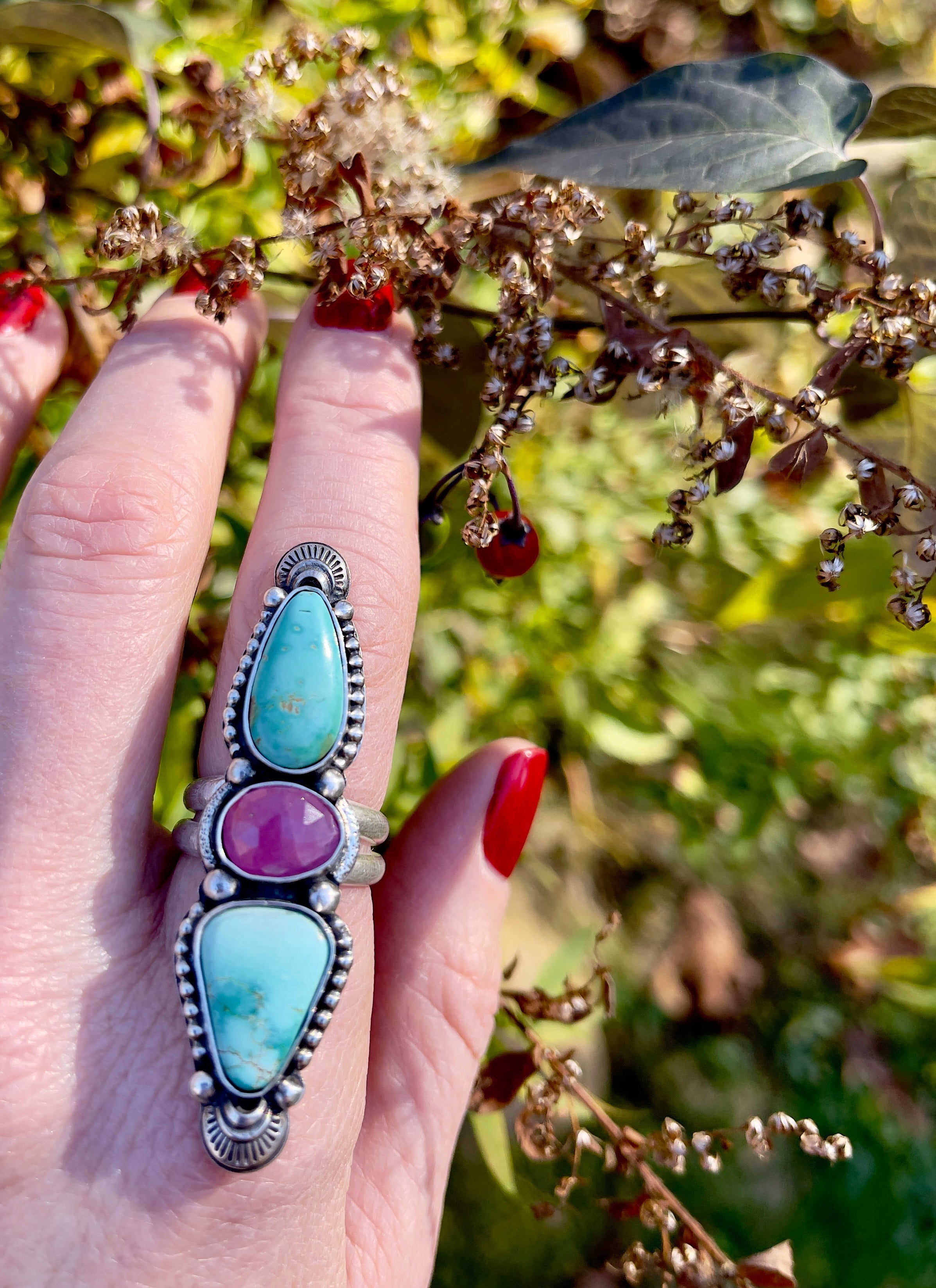 Turquoise Sapphire Statement Ring Size 7.25